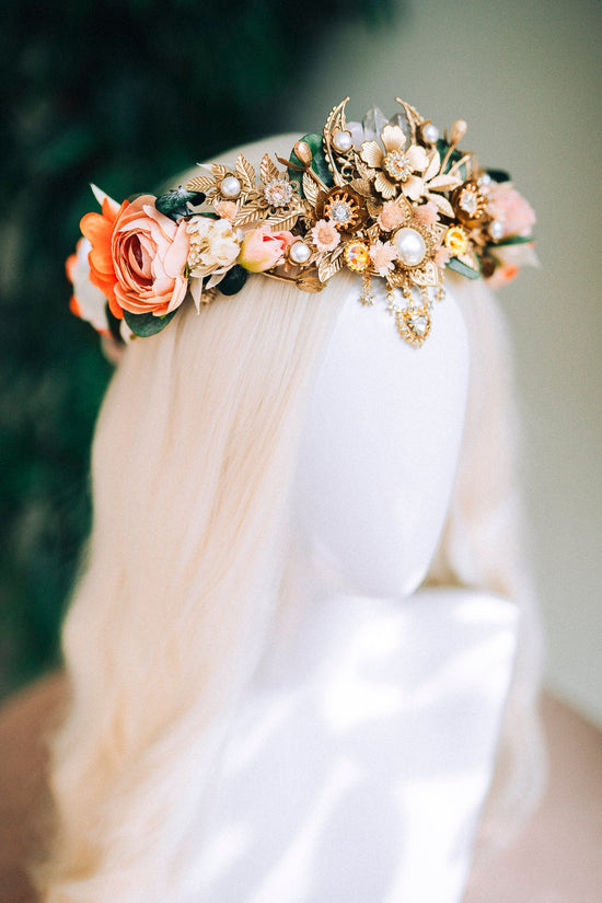 Orange flower crown, Flower tiara, Elven tiara, Wedding crown, Bridal crown, Boho hair accessories, Crystal crown, Wedding headpiece, Fairy