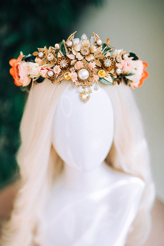 Orange flower crown, Flower tiara, Elven tiara, Wedding crown, Bridal crown, Boho hair accessories, Crystal crown, Wedding headpiece, Fairy