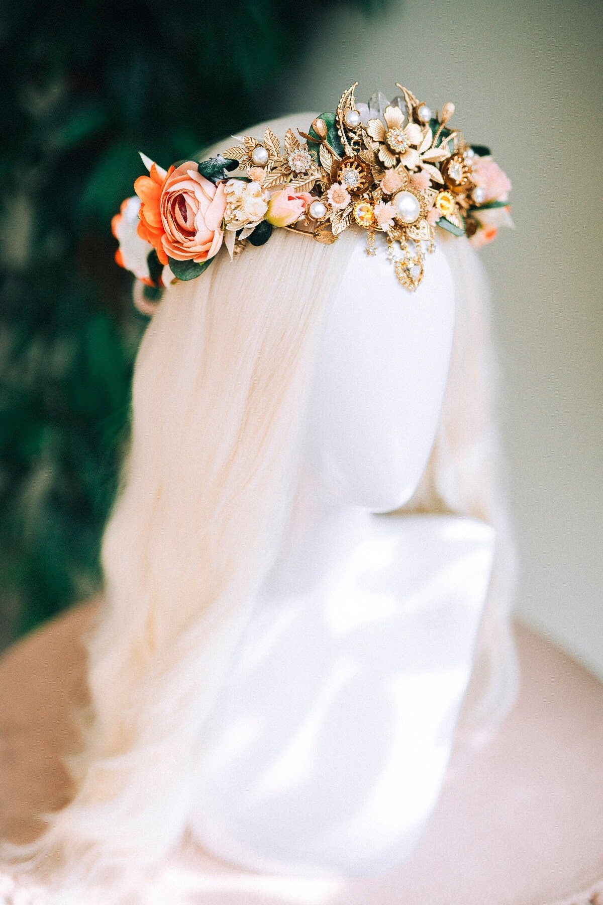 Orange flower crown, Flower tiara, Elven tiara, Wedding crown, Bridal crown, Boho hair accessories, Crystal crown, Wedding headpiece, Fairy