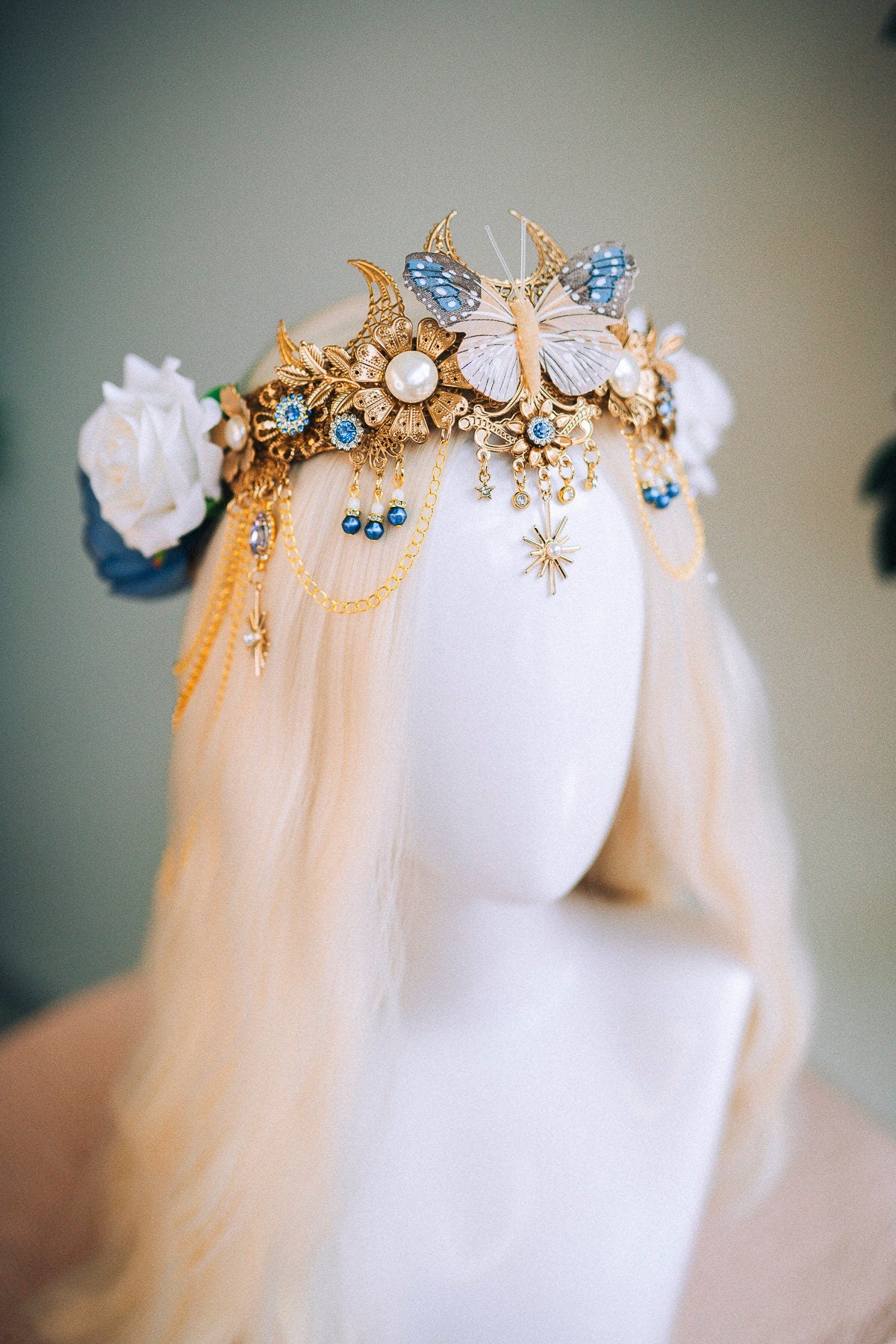 Gold butterfly crown with blue roses, Butterfly crown, Butterfly headpiece, Wedding crown, Halloween costume, Fairy crown, Flower crown