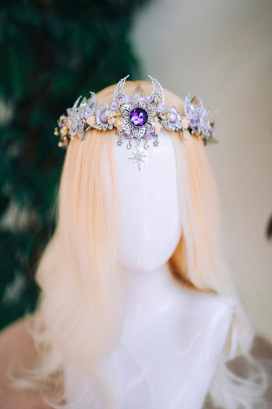 Lavender flower crown, Flower headpiece, Silver crown, Bridal crown, Wedding headpiece, Purple flower crown, Fairy crown, Crystal crown