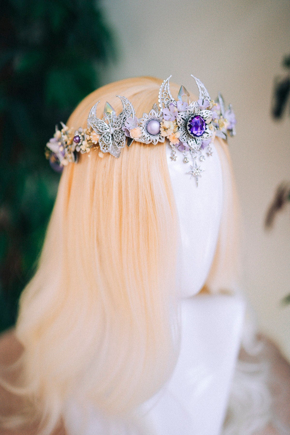 Lavender flower crown, Flower headpiece, Silver crown, Bridal crown, Wedding headpiece, Purple flower crown, Fairy crown, Crystal crown