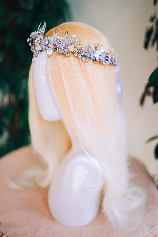 Lavender flower crown, Flower headpiece, Silver crown, Bridal crown, Wedding headpiece, Purple flower crown, Fairy crown, Crystal crown