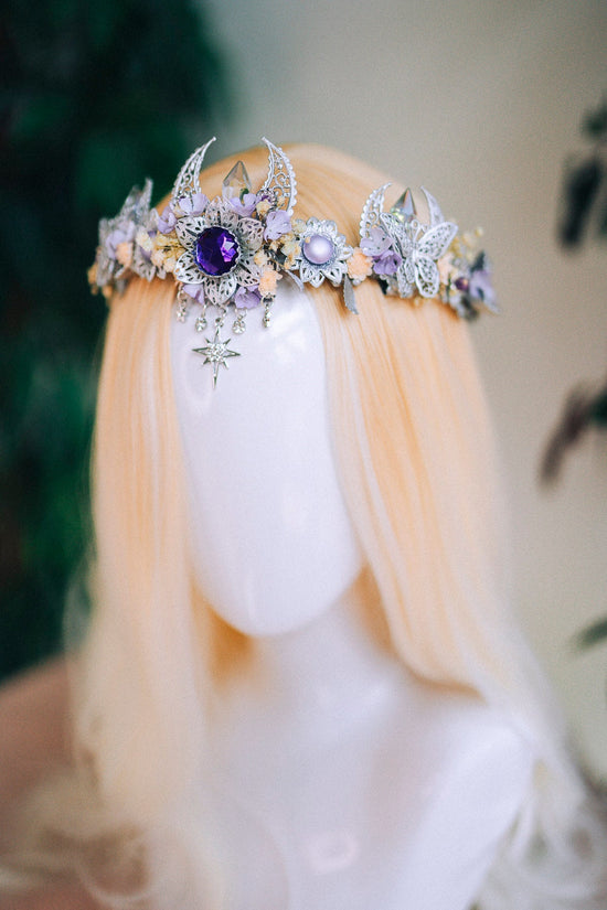 Lavender flower crown, Flower headpiece, Silver crown, Bridal crown, Wedding headpiece, Purple flower crown, Fairy crown, Crystal crown