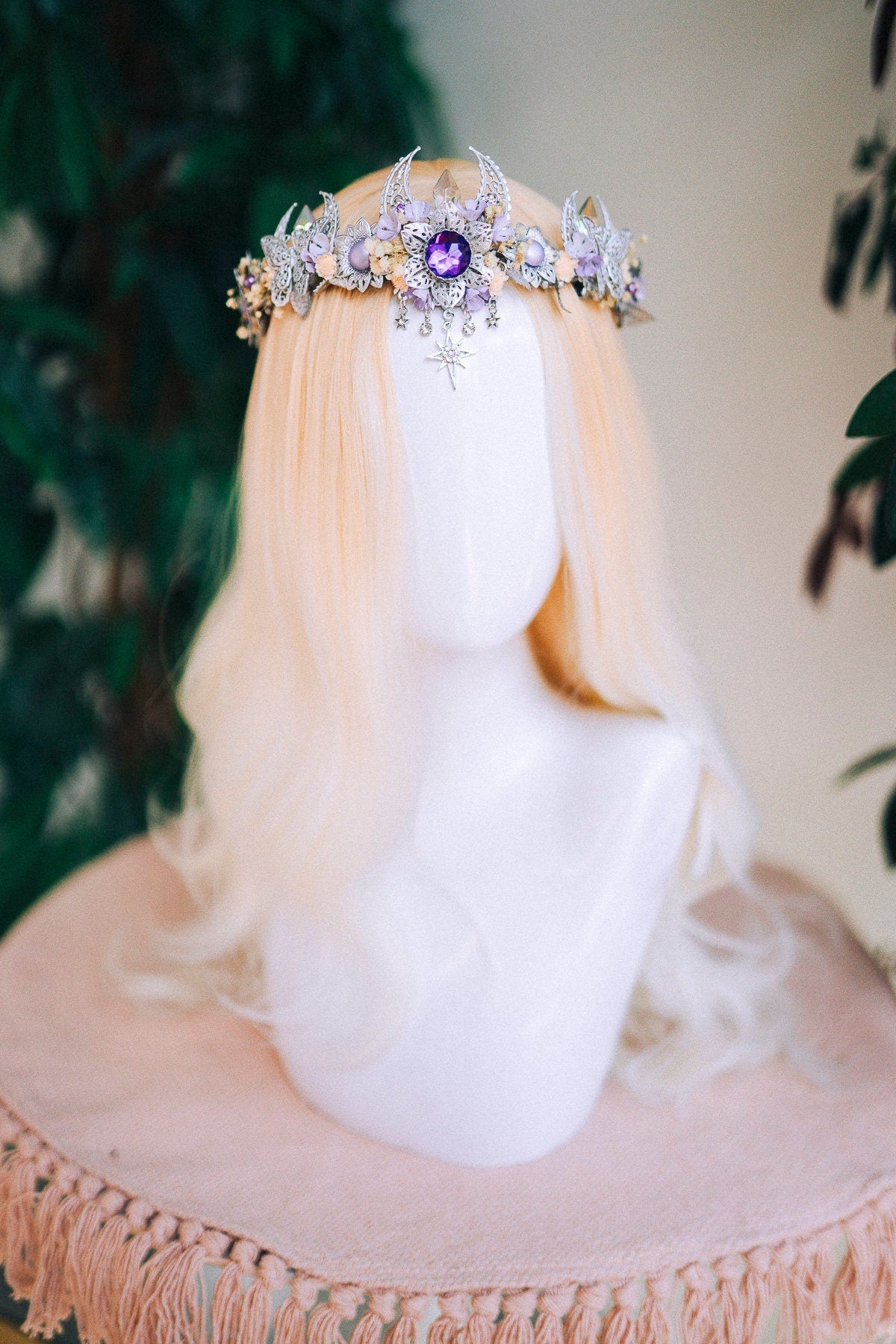 Lavender flower crown, Flower headpiece, Silver crown, Bridal crown, Wedding headpiece, Purple flower crown, Fairy crown, Crystal crown