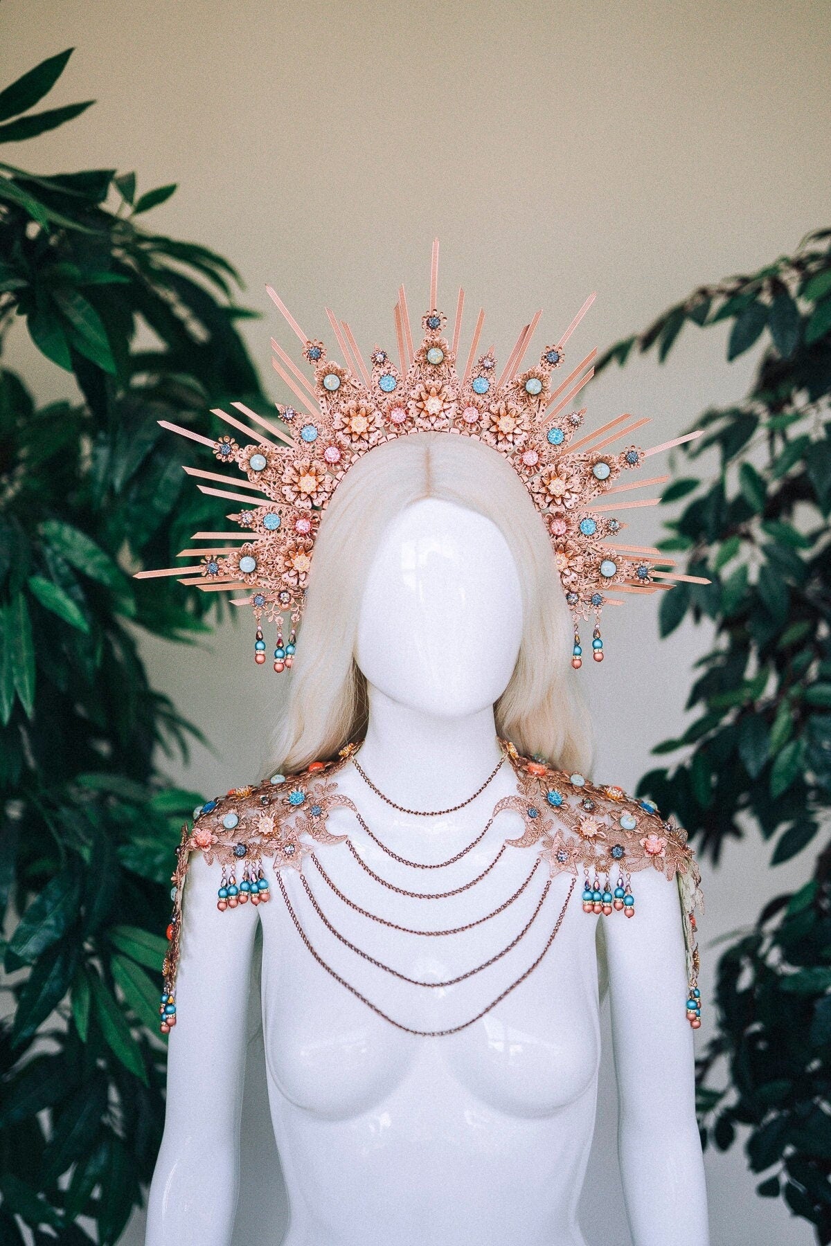 Moon necklace, Celestial jewellery, Halo crown, Rose old halo, Celestial necklace, Burning man, Harness, Accessories, Rose gold jewellery