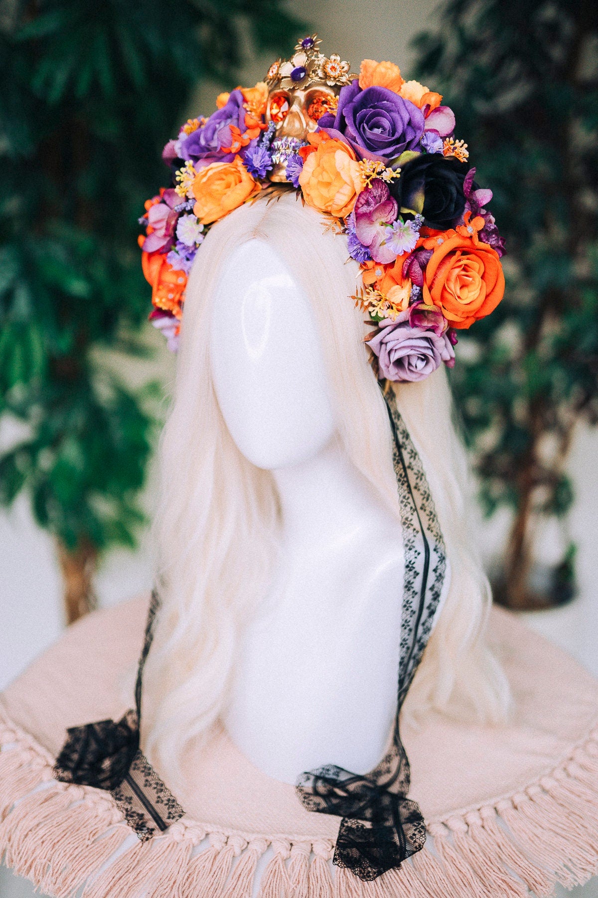 Orange flower crown, Sugar skull, La Catrina flower crown, Halloween headband, Halloween costume, Day of the Dead headpiece, Flower crown