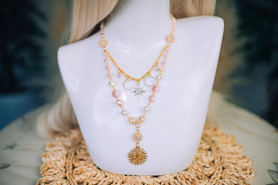 Sun necklace, Pink necklace, Celestial jewellery, Gold choker, Boho jewellery, Moon necklace, Sun locket, Pearl necklace, Boho jewellery