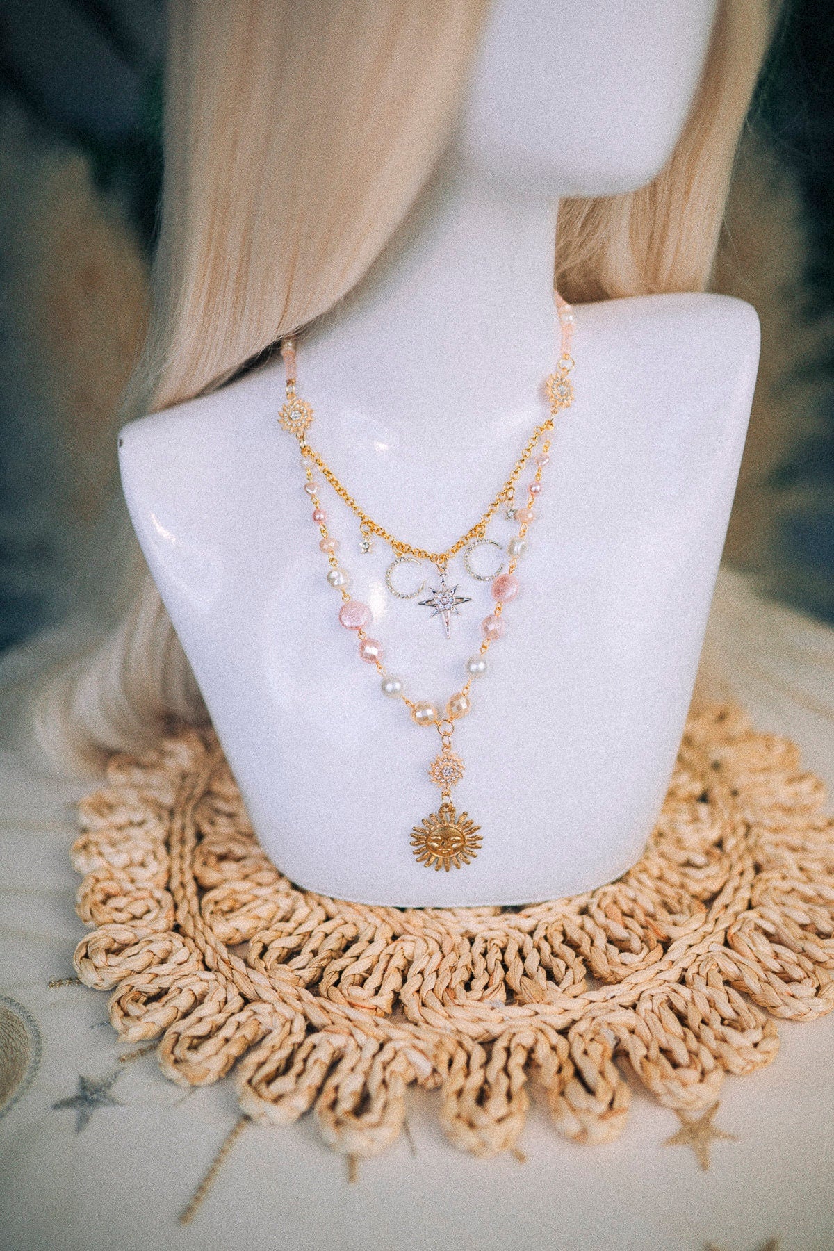 Sun necklace, Pink necklace, Celestial jewellery, Gold choker, Boho jewellery, Moon necklace, Sun locket, Pearl necklace, Boho jewellery