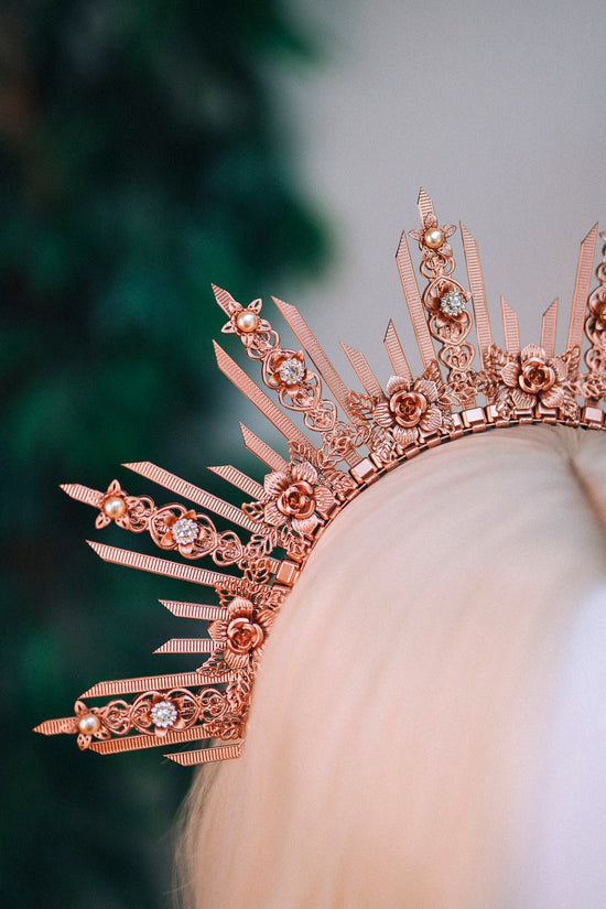 Rose gold halo crown, Wedding headpiece, Wedding crown, Bridal headpiece, Bridal crown, Gold crown with pearls, Goddess crown, Fairy crown