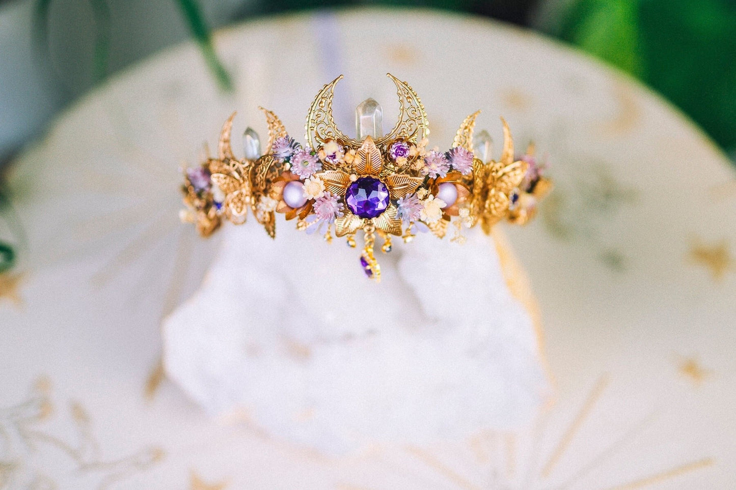 Lavender flower crown, Flower headpiece, Gold crown, Bridal crown, Wedding headpiece, Purple flower crown, Fairy crown, Crystal crown