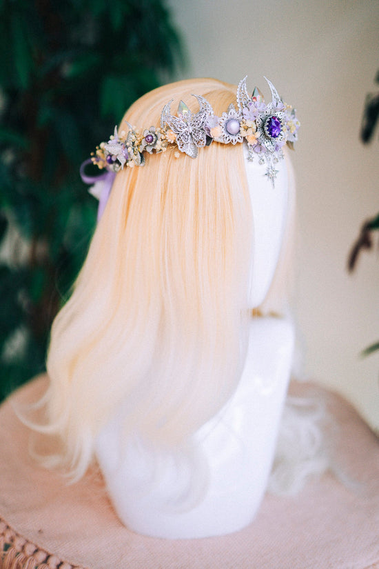 Lavender flower crown, Flower headpiece, Silver crown, Bridal crown, Wedding headpiece, Purple flower crown, Fairy crown, Crystal crown