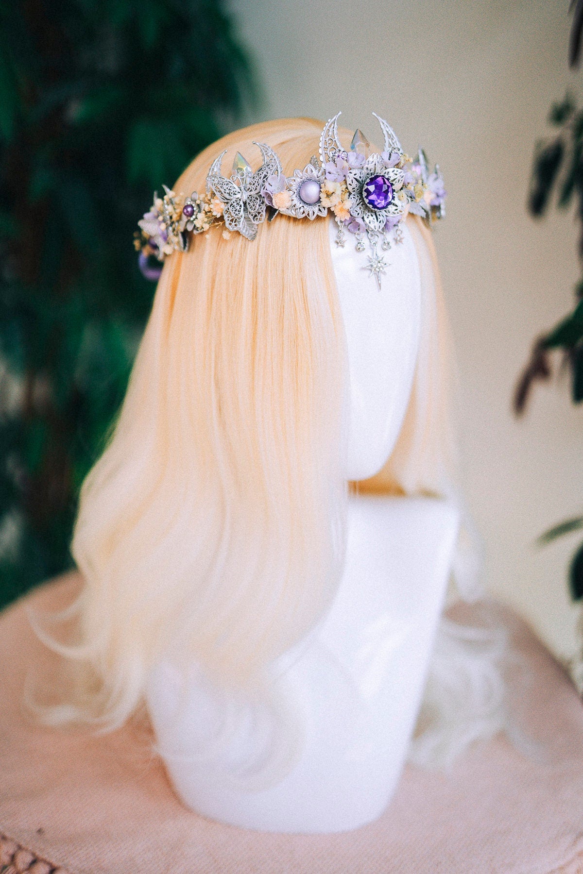 Lavender flower crown, Flower headpiece, Silver crown, Bridal crown, Wedding headpiece, Purple flower crown, Fairy crown, Crystal crown