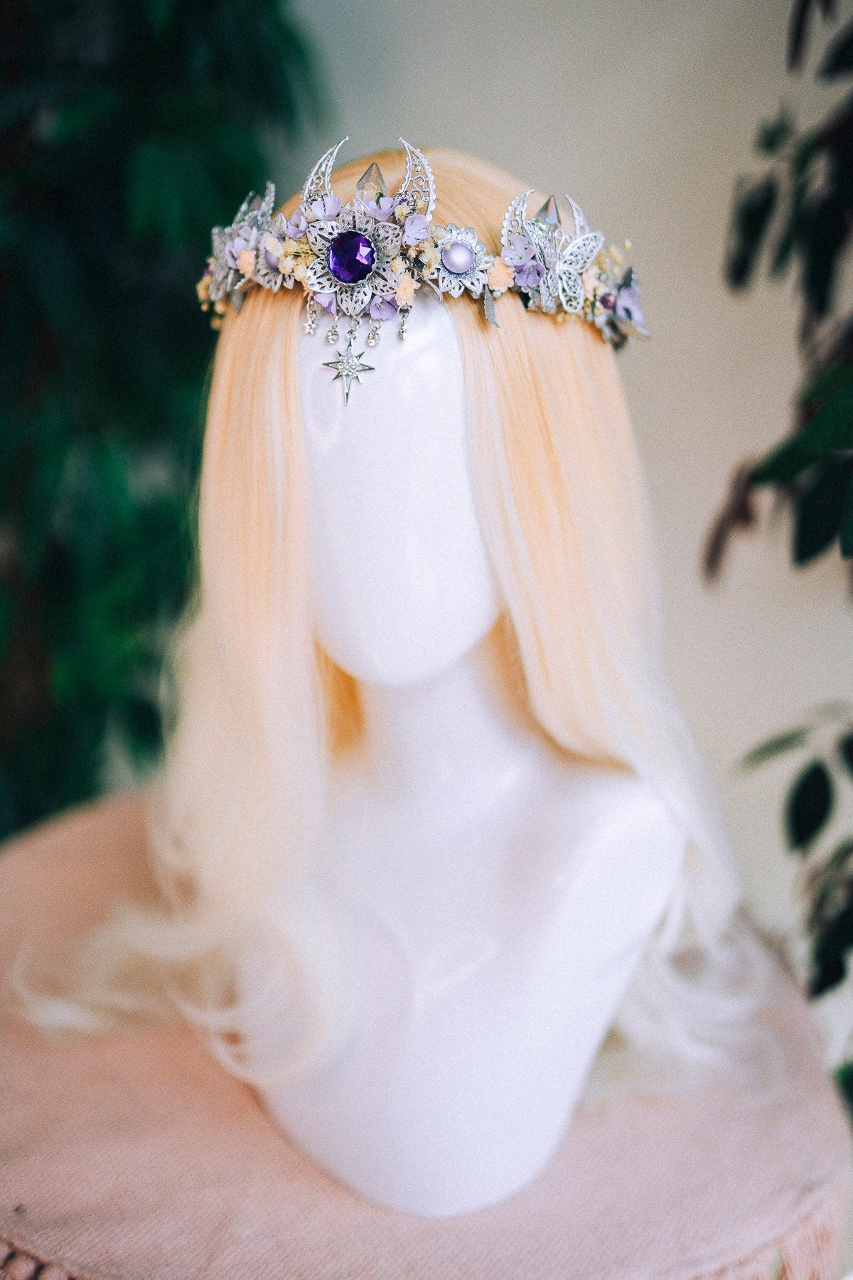 Lavender flower crown, Flower headpiece, Silver crown, Bridal crown, Wedding headpiece, Purple flower crown, Fairy crown, Crystal crown