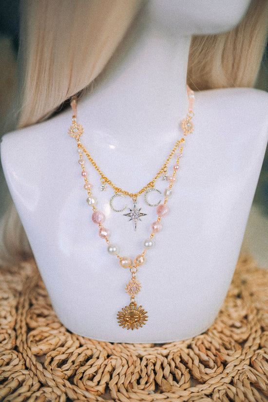 Sun necklace, Pink necklace, Celestial jewellery, Gold choker, Boho jewellery, Moon necklace, Sun locket, Pearl necklace, Boho jewellery