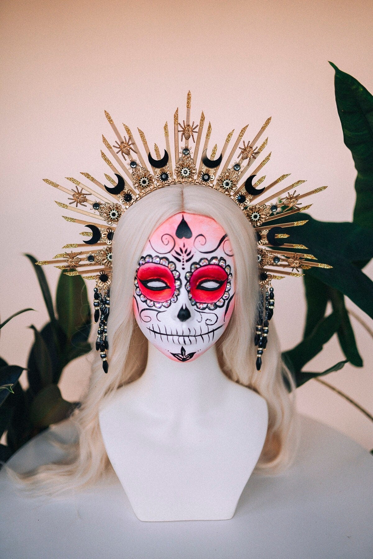 Halloween costume, Halloween headband, Halloween headpiece, Day of the Dead, La Catrina crown, Sugar skull, Skeleton crown, Gold halo crown