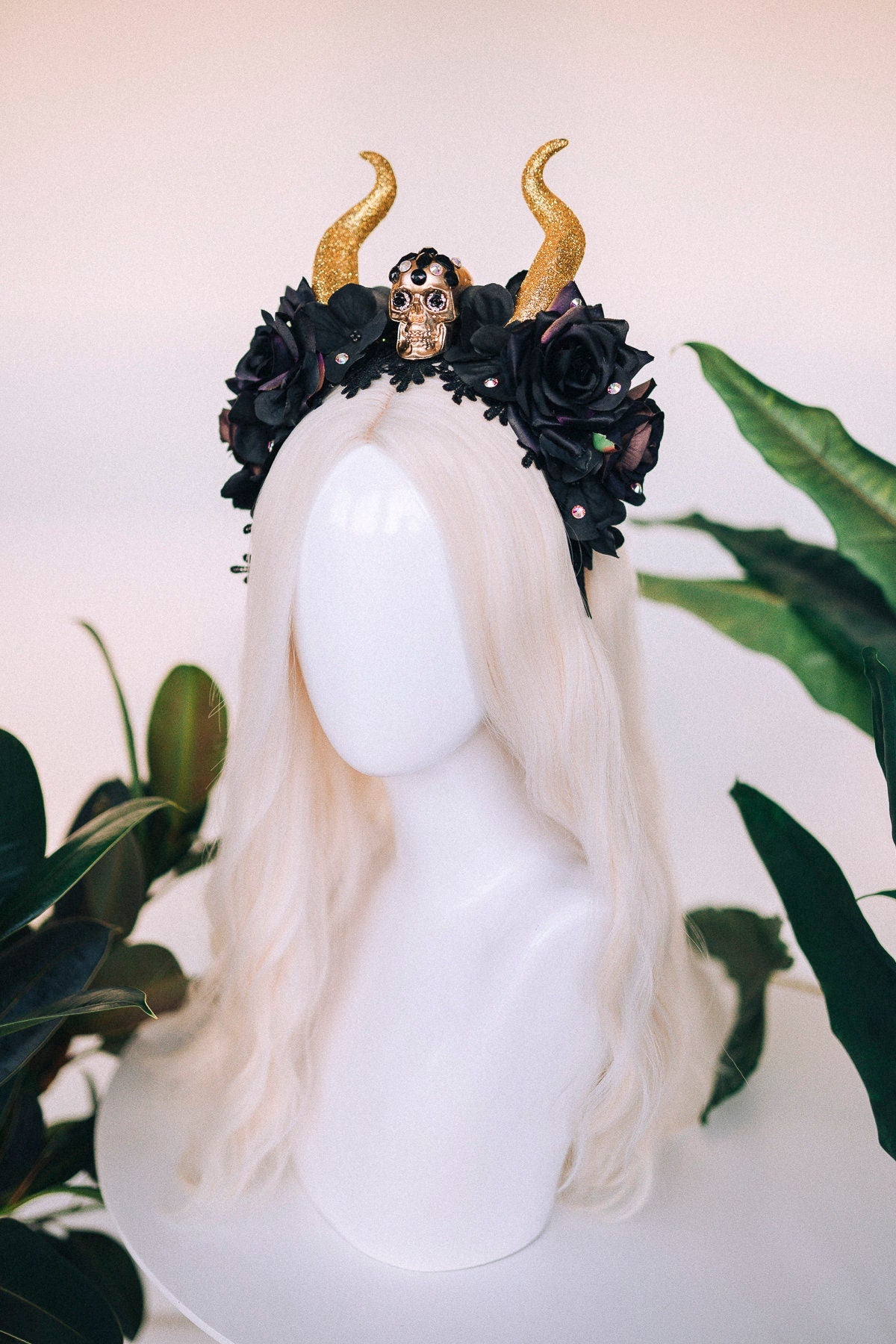 SALE Halloween headband, Flower crown, Black flower crown, Horns crown, Gold crown, Burning man, Halloween costume, Day of the dead