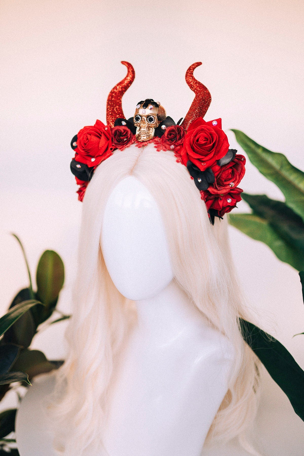 Halloween headband, Flower crown, Red flower crown, Horns crown, Gold crown, Burning man, Halloween costume, Day of the dead, La Catrina