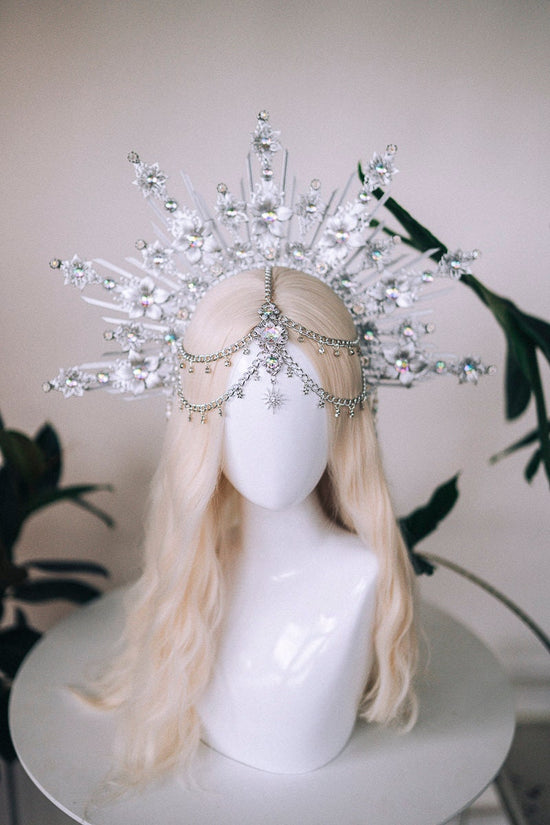 Silver halo crown, Bridal headpiece, Flower crown, Silver tiara, Wedding crown, Wedding headpiece, Birthday headband, Halloween, Burning man