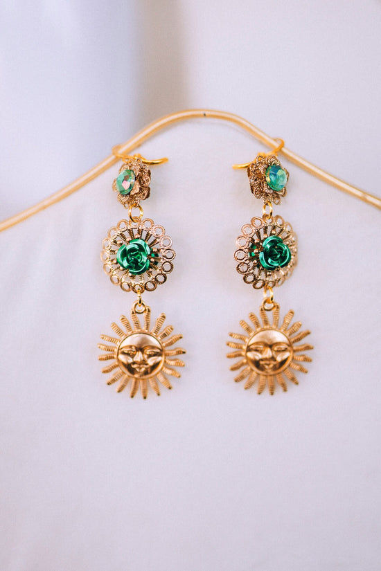 Celestial Earrings, Festival Earrings, Green Earrings, Flower Earrings, Summer Earrings, Cute Earrings, Sun Earrings, Sun Jewellery, Boho