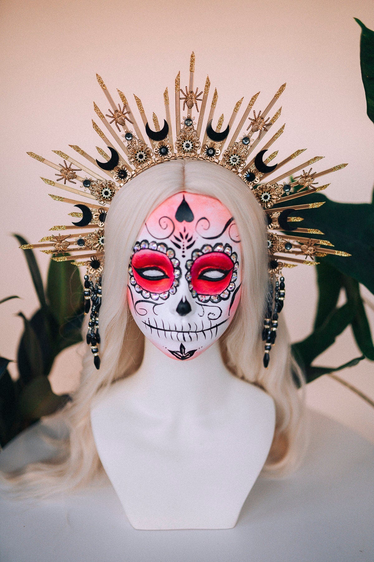 Halloween costume, Halloween headband, Halloween headpiece, Day of the Dead, La Catrina crown, Sugar skull, Skeleton crown, Gold halo crown