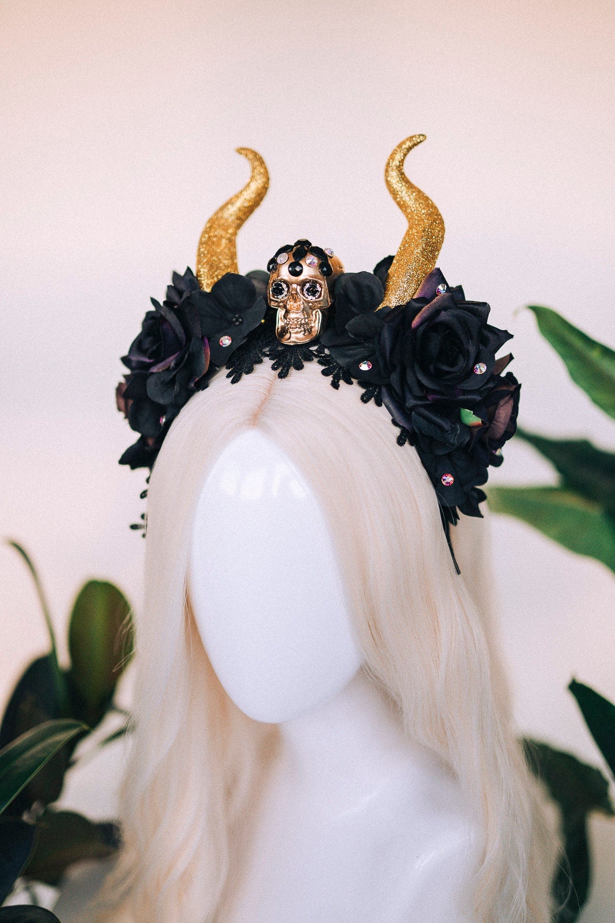 SALE Halloween headband, Flower crown, Black flower crown, Horns crown, Gold crown, Burning man, Halloween costume, Day of the dead