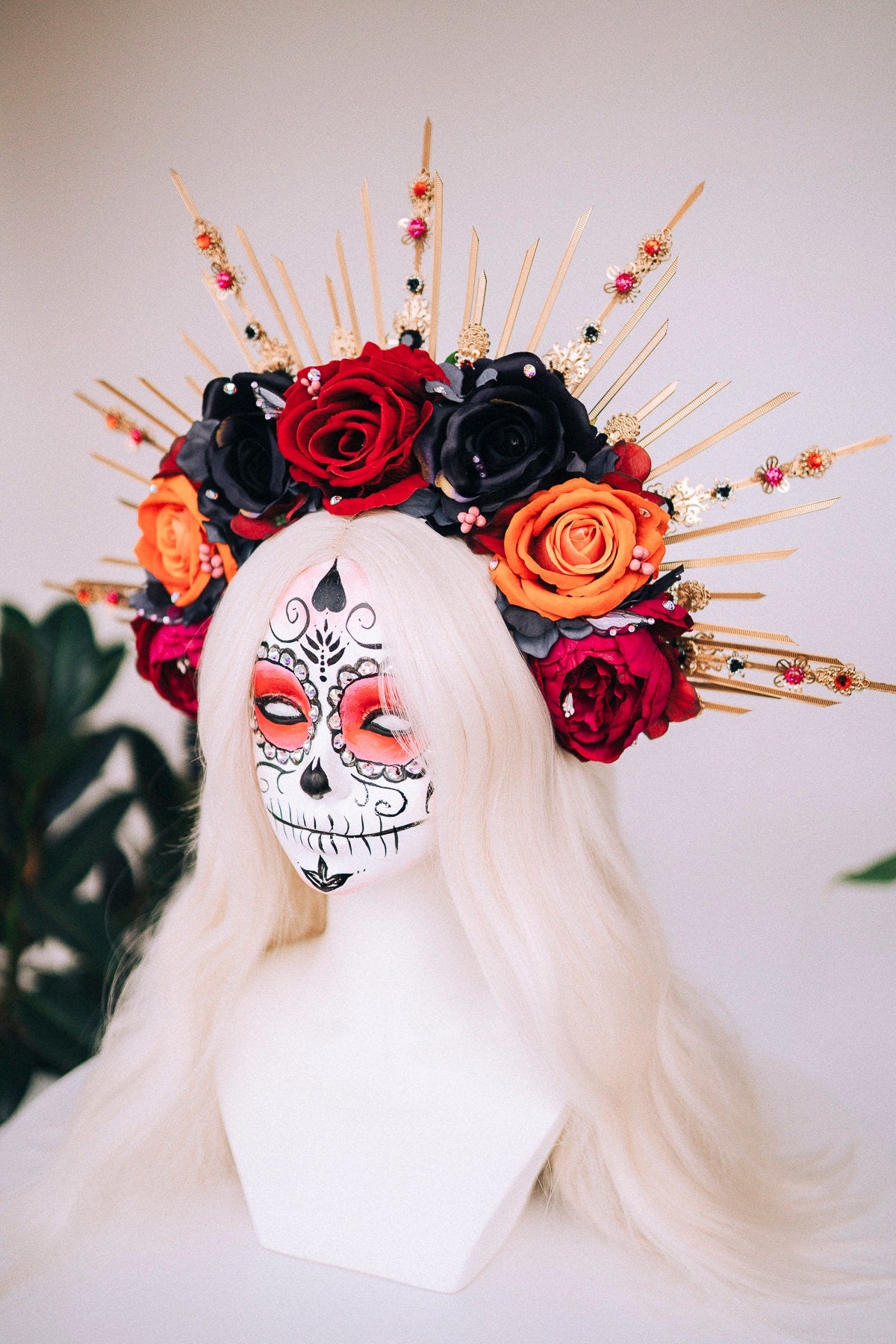 Halloween flower halo crown, Sugar skull, La Catrina flower crown, Halloween headband, Halloween costume, Day of the Dead, Flower crown