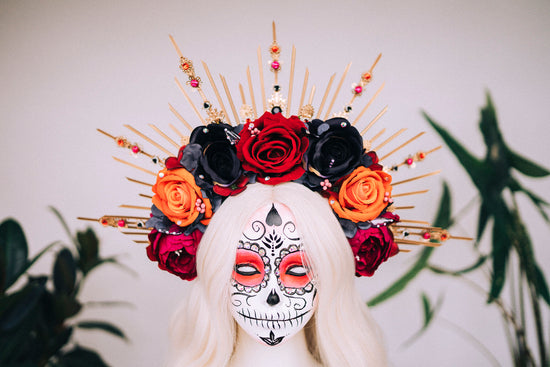 Halloween flower halo crown, Sugar skull, La Catrina flower crown, Halloween headband, Halloween costume, Day of the Dead, Flower crown