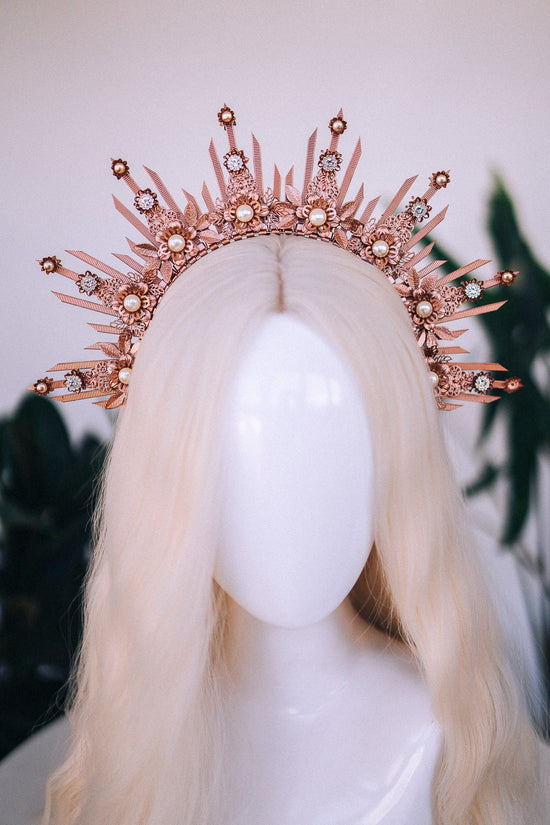 Rose gold halo crown, Wedding headpiece, Wedding crown, Bridal headpiece, Bridal crown, Gold crown with pearls, Goddess crown, Fairy crown