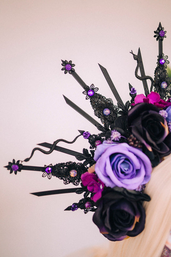 Flower Halo Crown, Halo Headpiece, Medusa crown, Flower Crown, Celestial, Headpiece, Black Flower Crown, Purple Flower Crown, Halloween