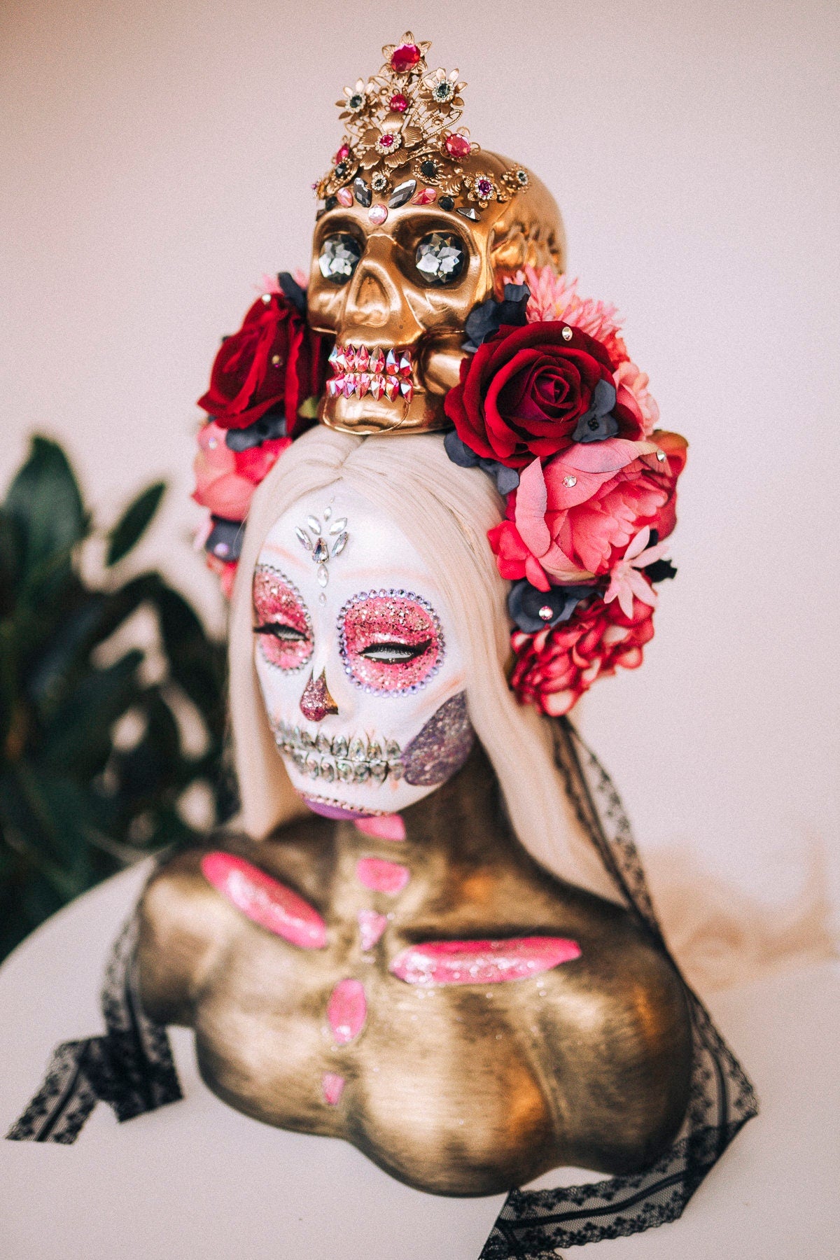 SALE Pink flower crown, Gold halo crown, La Catrina crown, Day of the dead, Halloween costume, Halloween headpiece, Flower headpiece