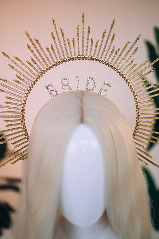 Bride halo crown, Bride headband, Bride to be, Bachelorette party, Gold halo crown, Gold crown, Goddess crown, Wedding veil, Wedding garter