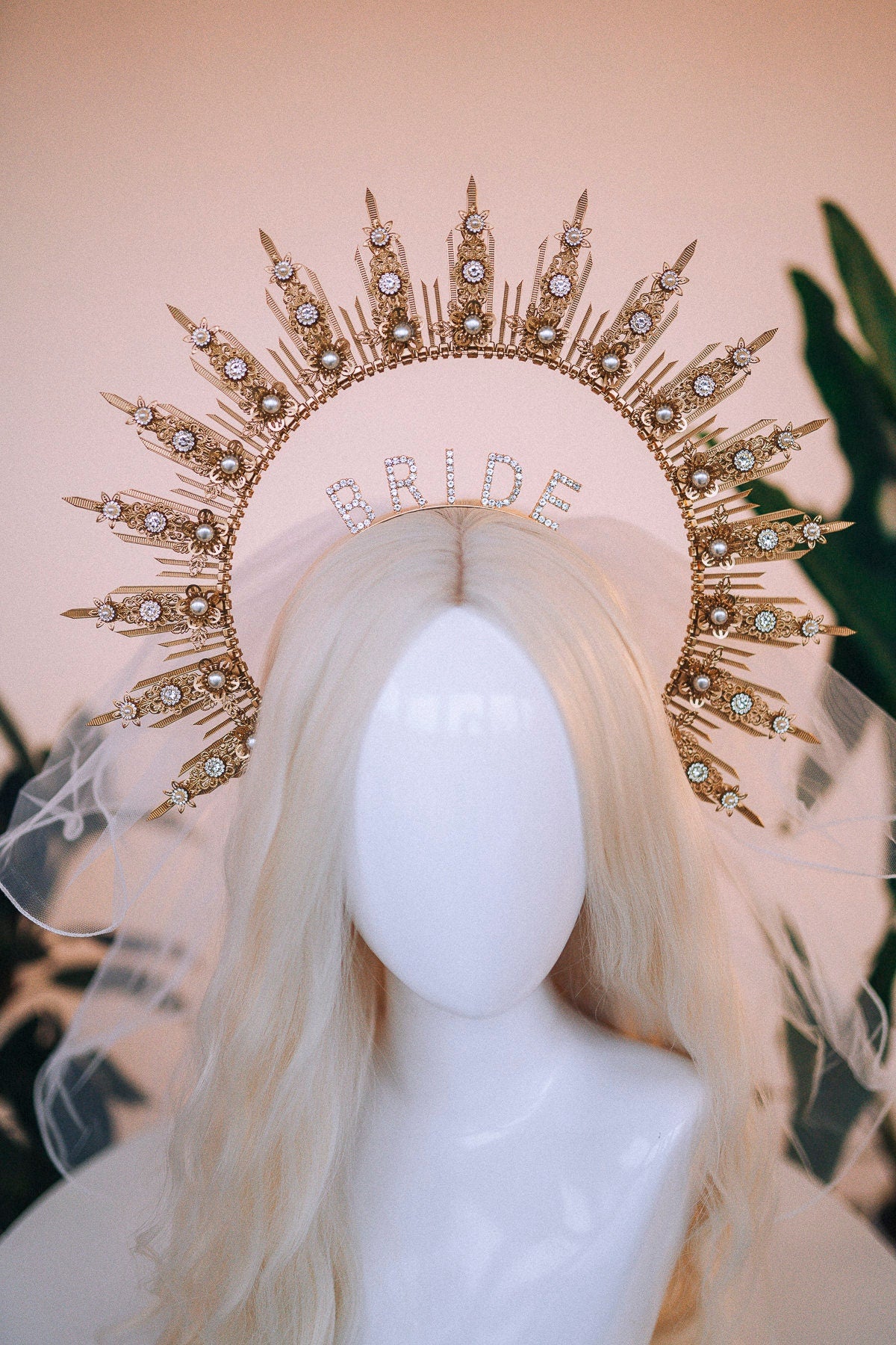 Bride halo crown, Bride headband, Bride to be, Bachelorette party, Gold halo crown, Gold crown, Goddess crown, Wedding veil, Wedding garter