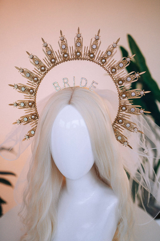 Bride halo crown, Bride headband, Bride to be, Bachelorette party, Gold halo crown, Gold crown, Goddess crown, Wedding veil, Wedding garter