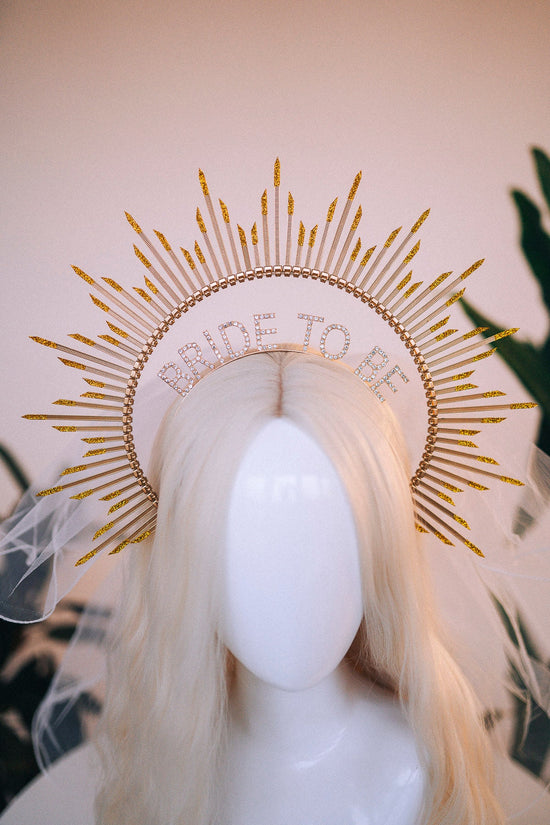 Bride halo crown, Bride headband, Bride to be, Bachelorette party, Gold halo crown, Gold crown, Goddess crown, Wedding veil, Wedding garter