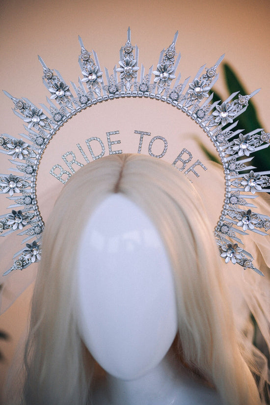 Bride halo crown, Bride headband, Bride to be, Bachelorette party, Silver halo crown, Goddess crown, Wedding veil, Wedding garter, Boho