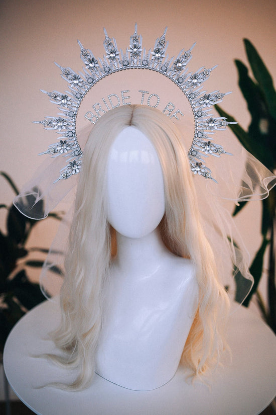 Bride halo crown, Bride headband, Bride to be, Bachelorette party, Silver halo crown, Goddess crown, Wedding veil, Wedding garter, Boho