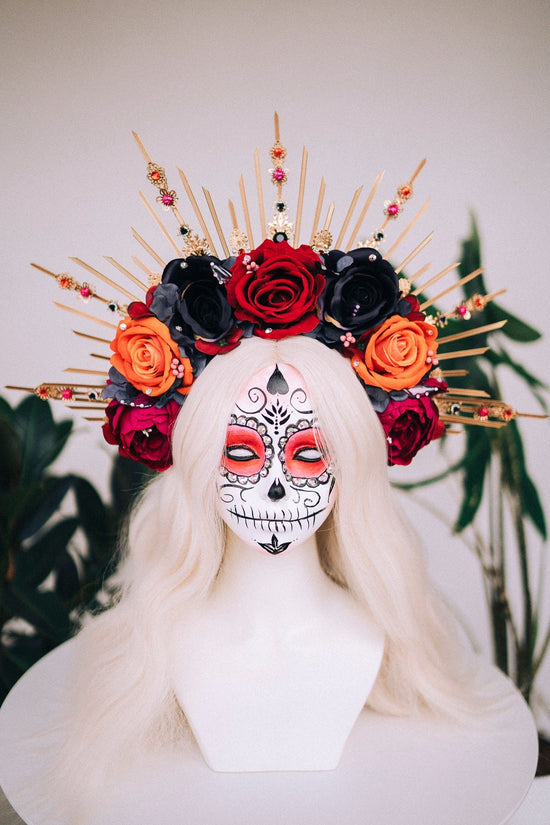 Halloween flower halo crown, Sugar skull, La Catrina flower crown, Halloween headband, Halloween costume, Day of the Dead, Flower crown