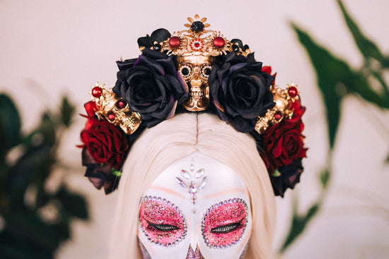 Red flower crown, Gold halo crown, La Catrina crown, Halloween headband, Halloween costume, Halloween headpiece, Flower headpiece, Spooky