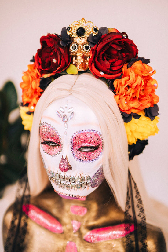 Red flower crown, Gold halo crown, La Catrina crown, Halloween headband, Halloween costume, Halloween headpiece, Flower headpiece, Spooky