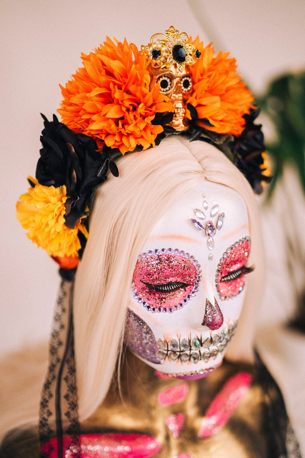 Orange flower crown, Gold halo crown, La Catrina crown, Halloween headband, Halloween costume, Halloween headpiece, Flower headpiece, Spooky