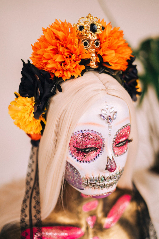 Orange flower crown, Gold halo crown, La Catrina crown, Halloween headband, Halloween costume, Halloween headpiece, Flower headpiece, Spooky