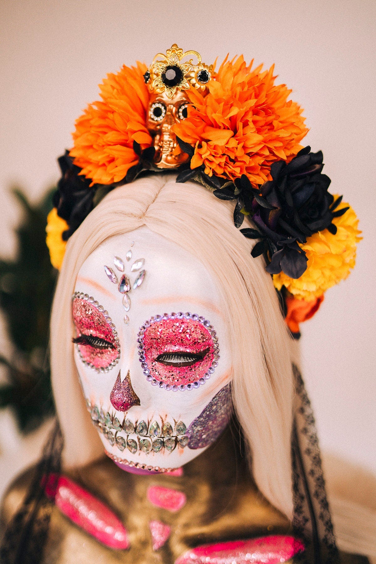 Orange flower crown, Gold halo crown, La Catrina crown, Halloween headband, Halloween costume, Halloween headpiece, Flower headpiece, Spooky