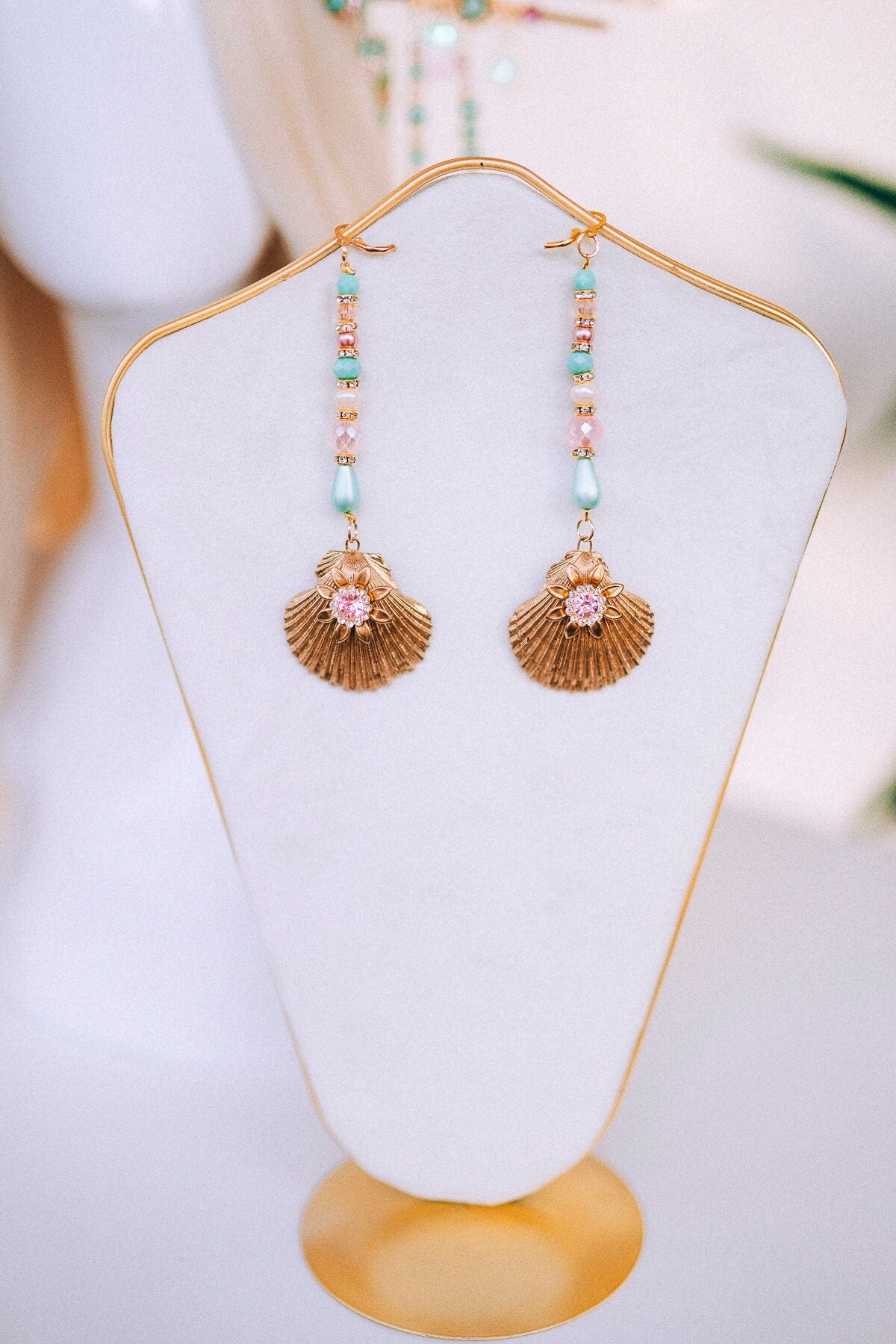 Mermaid earrings, Long Earrings, Gold Earrings, Shell earrings, Green earrings, Summer Earrings, Seashells, Romantic earrings, Photo props