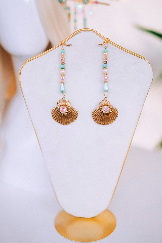 Mermaid earrings, Long Earrings, Gold Earrings, Shell earrings, Green earrings, Summer Earrings, Seashells, Romantic earrings, Photo props