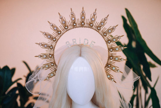 Bride halo crown, Bride headband, Bride to be, Bachelorette party, Gold halo crown, Gold crown, Goddess crown, Wedding veil, Wedding garter