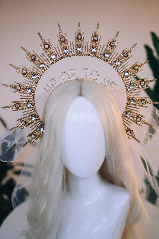 Bride halo crown, Bride headband, Bride to be, Bachelorette party, Gold halo crown, Gold crown, Goddess crown, Wedding veil, Wedding garter