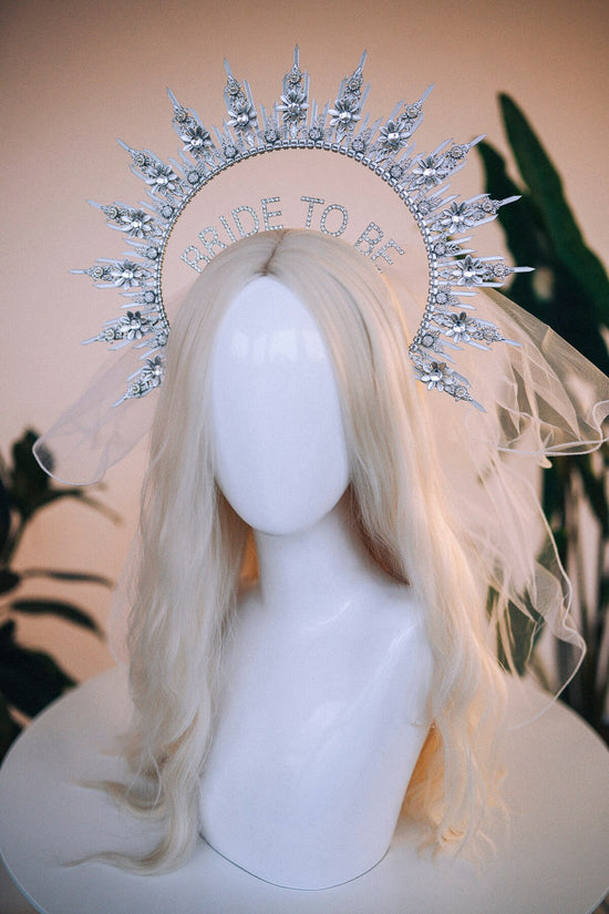 Bride halo crown, Bride headband, Bride to be, Bachelorette party, Silver halo crown, Goddess crown, Wedding veil, Wedding garter, Boho