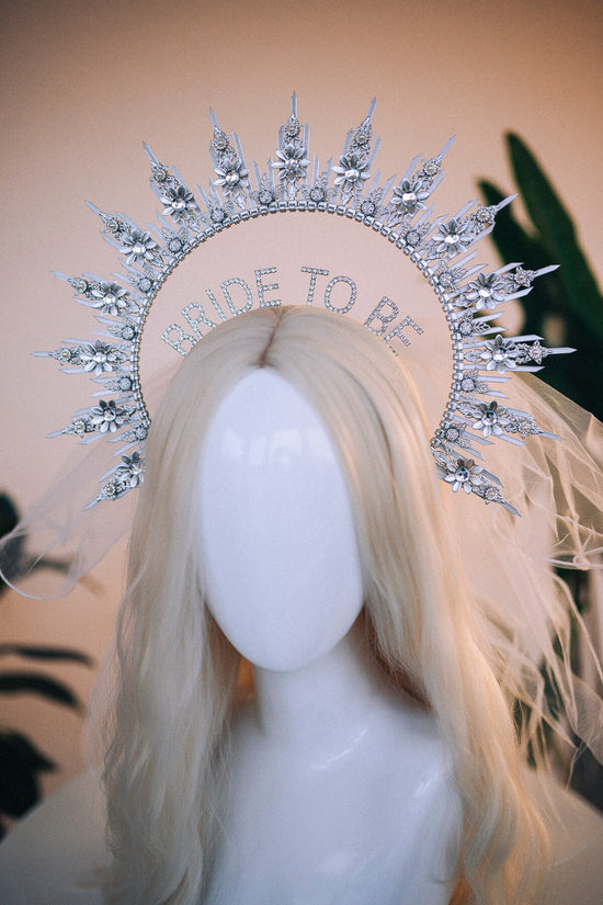 Bride halo crown, Bride headband, Bride to be, Bachelorette party, Silver halo crown, Goddess crown, Wedding veil, Wedding garter, Boho