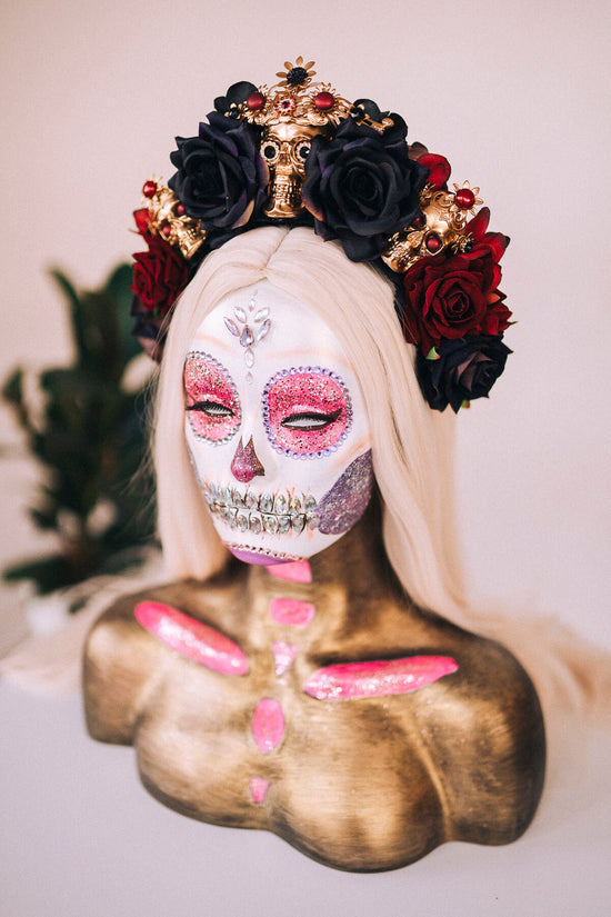 Red flower crown, Gold halo crown, La Catrina crown, Halloween headband, Halloween costume, Halloween headpiece, Flower headpiece, Spooky